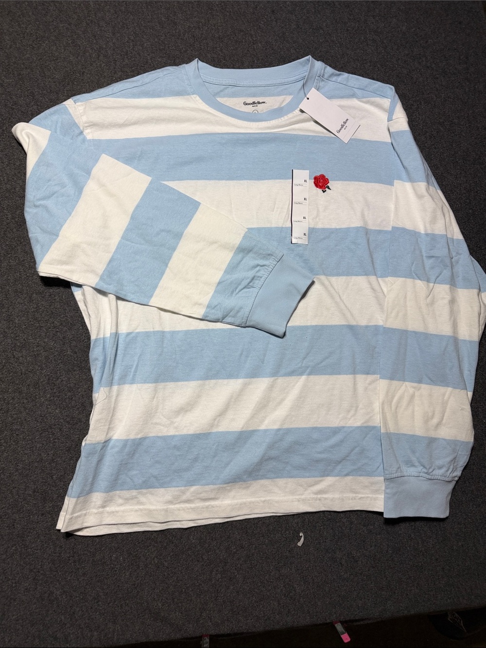 Goodfellow & Co Light Blue and White Striped Long Sleeve Tee with Red Rose